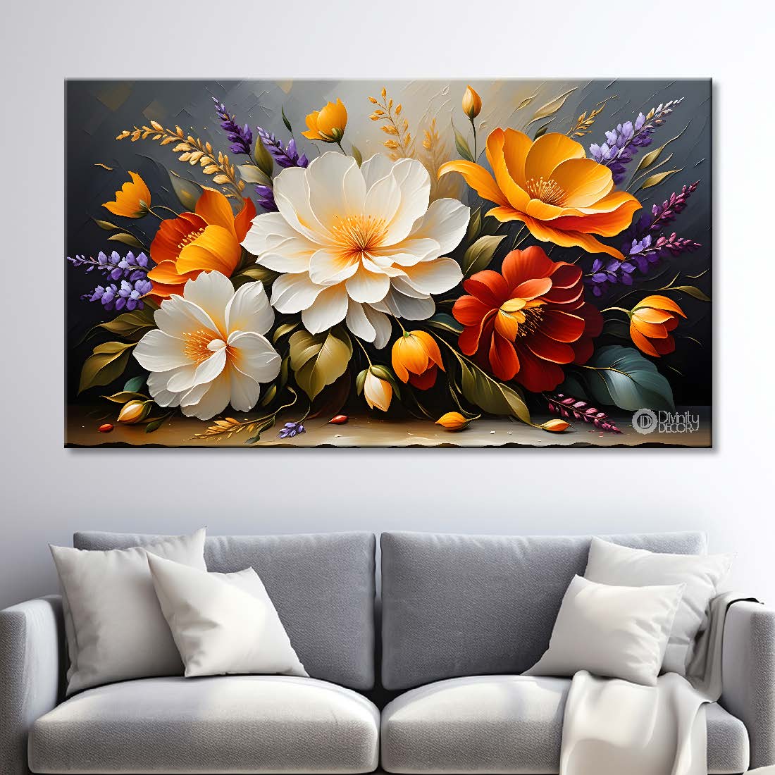 White flowers in the grey background canvas painting- Flower-433