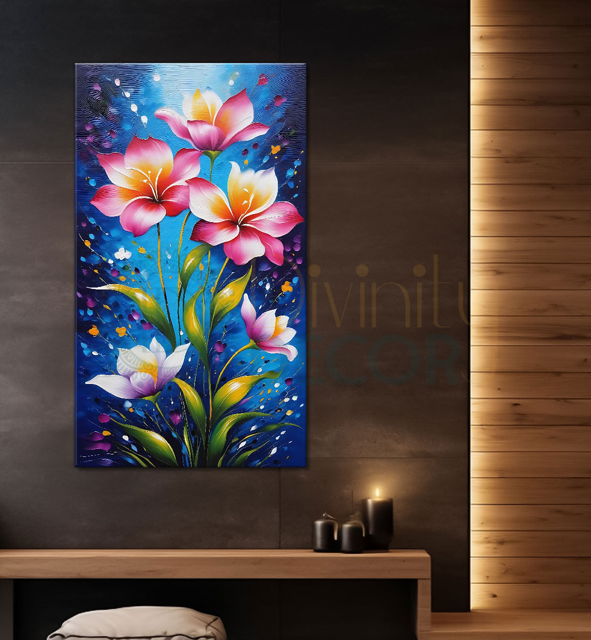 Pink flowers in blue textured painting- Flower-V-433
