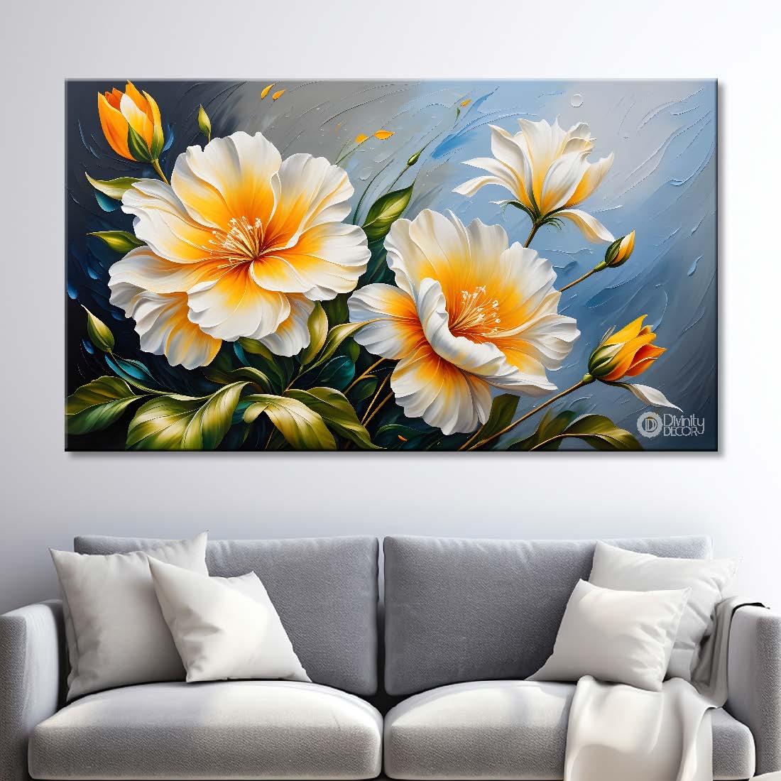 White flowers in blue background canvas painting- Flower-434