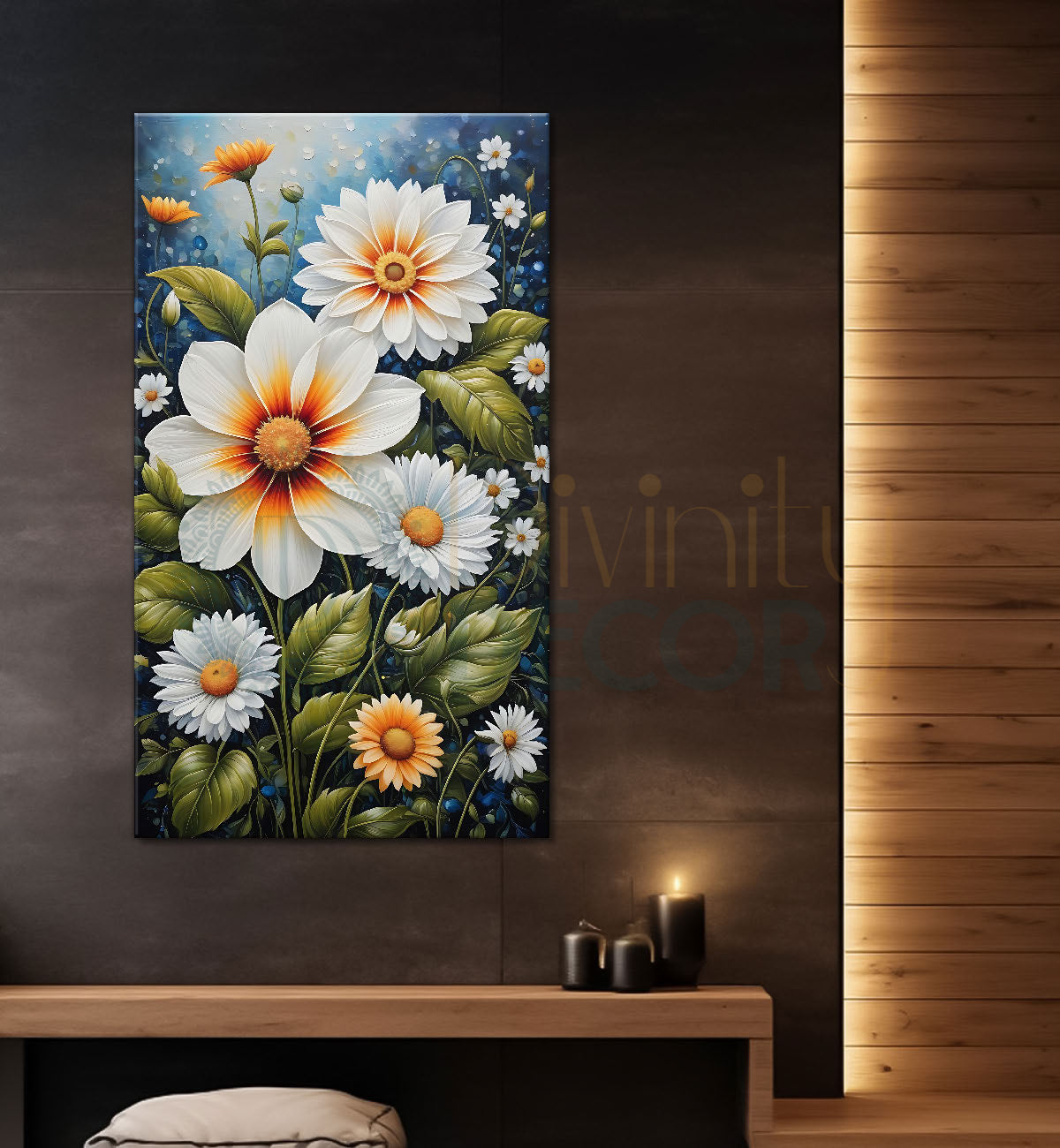 White flowers in sky blue textured painting- Flower-V-434