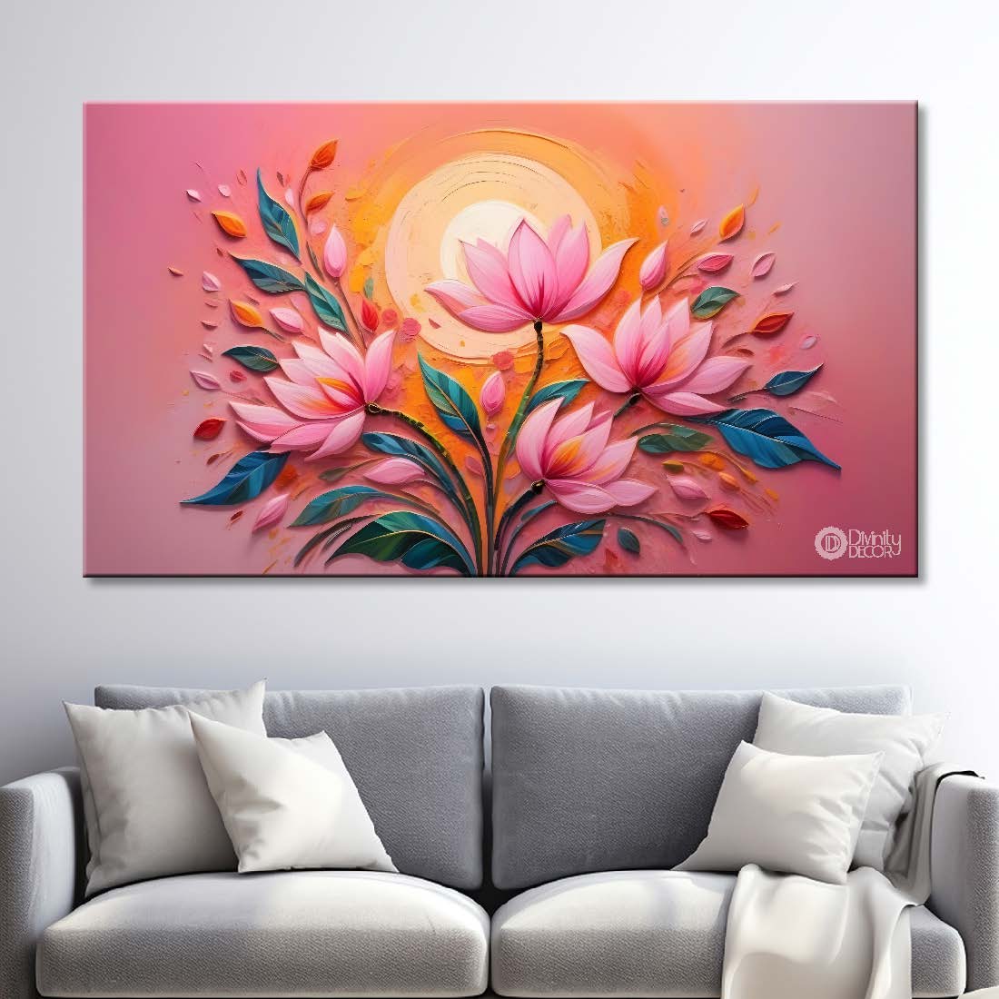 Pink flowers with pink and sun textured art canvas painting- Flower-435