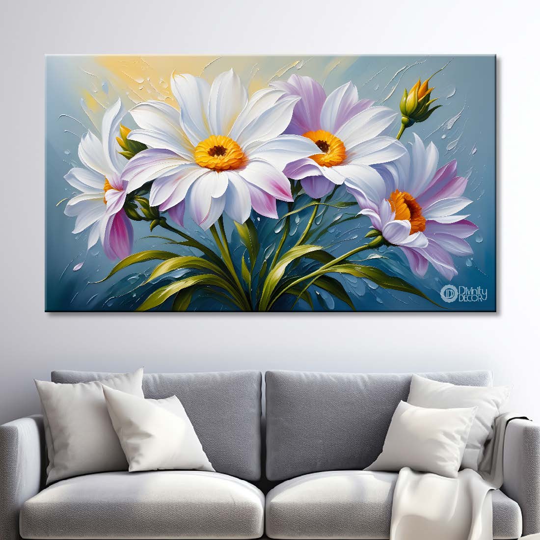 White flowers in light background canvas painting- Flower-436