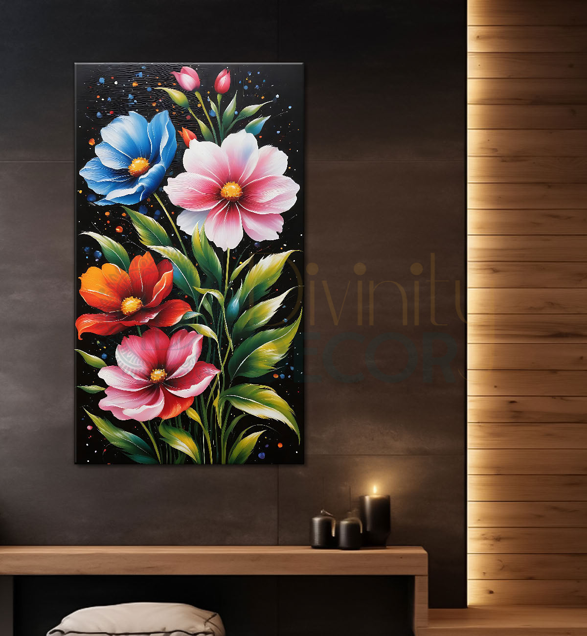 Colourful flowers in dark textured painting- Flower-V-436