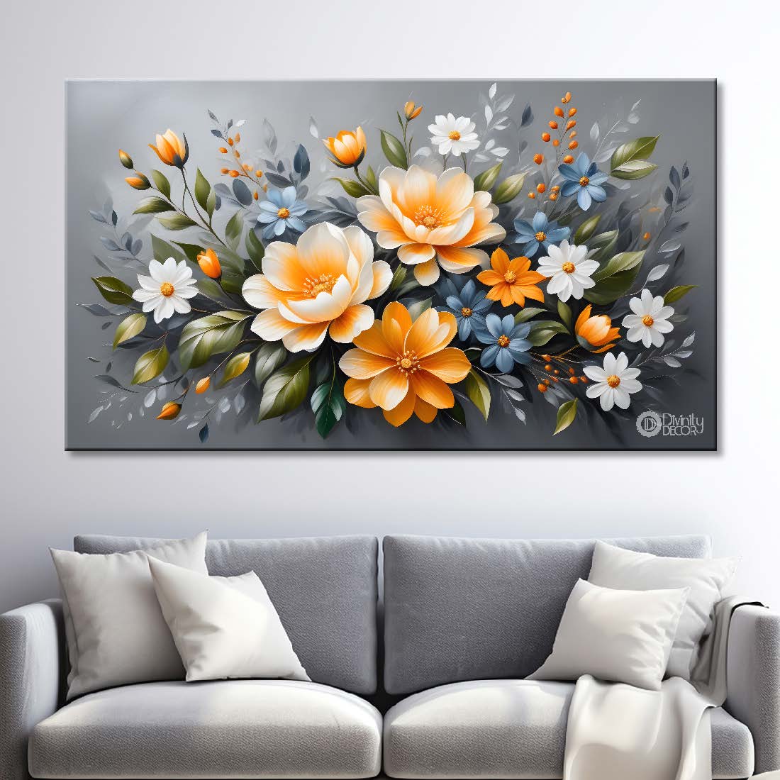 Yellow flowers with grey background canvas painting- Flower-437