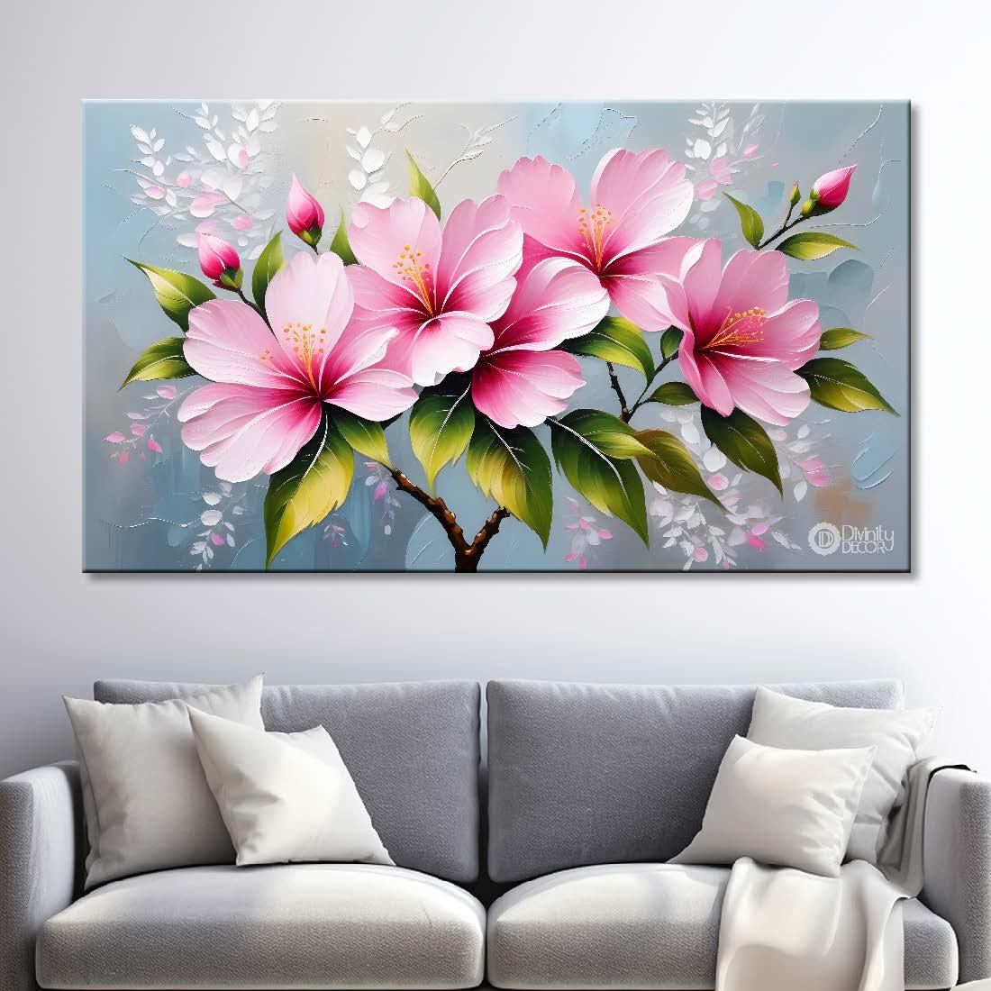 Pink flowers with blue background canvas painting- Flower-438