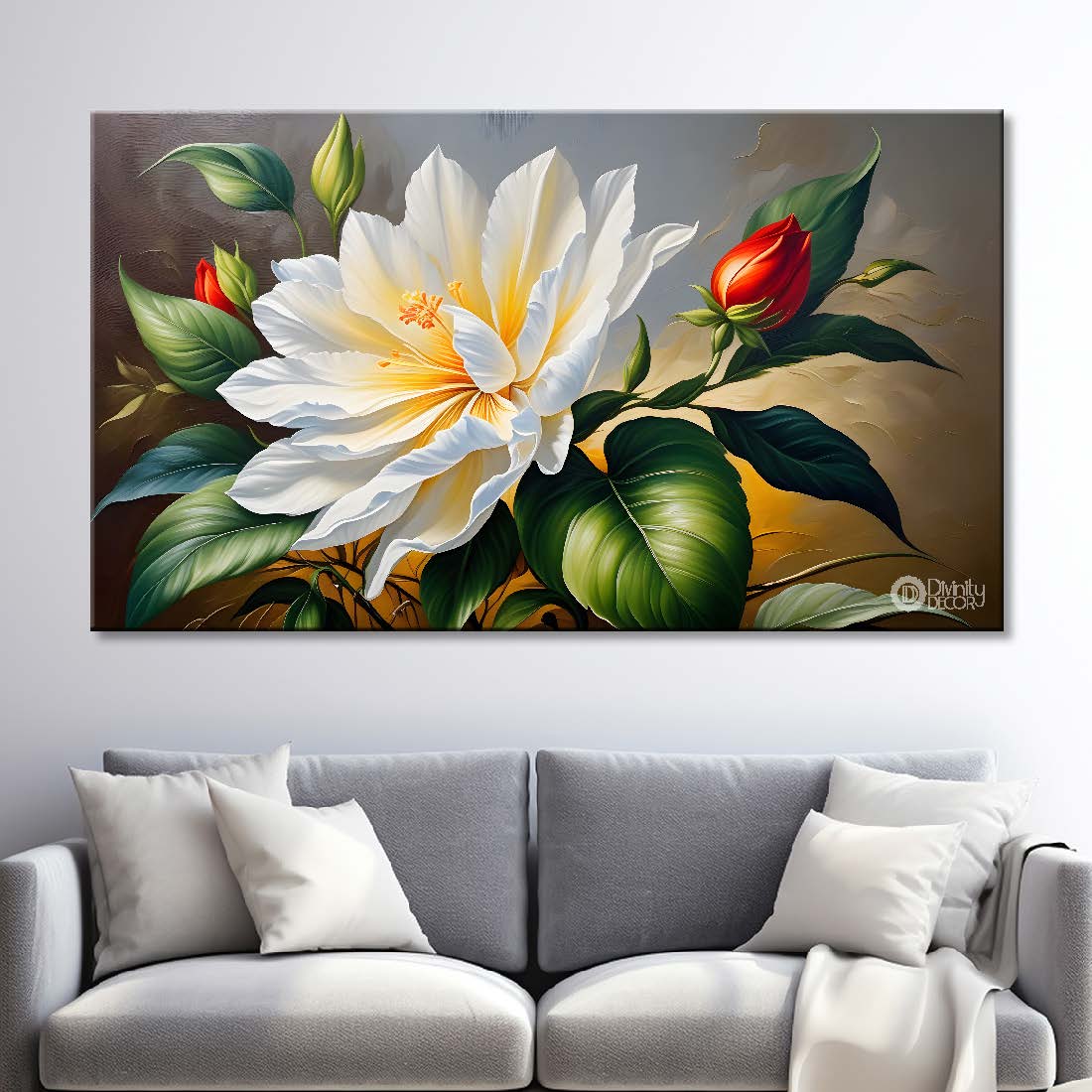 White flower with grey background canvas painting- Flower-439