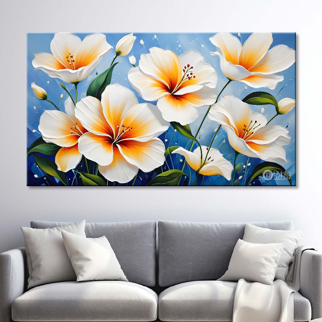 White flowers with blue background canvas painting- Flower-440