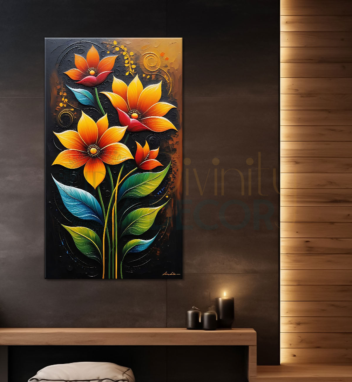 orange flowers in brown textured painting - Flower-V-440