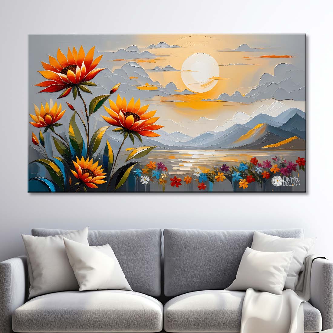 Sunflowers with the mountains and sun in grey textured art canvas painting- Flower-441