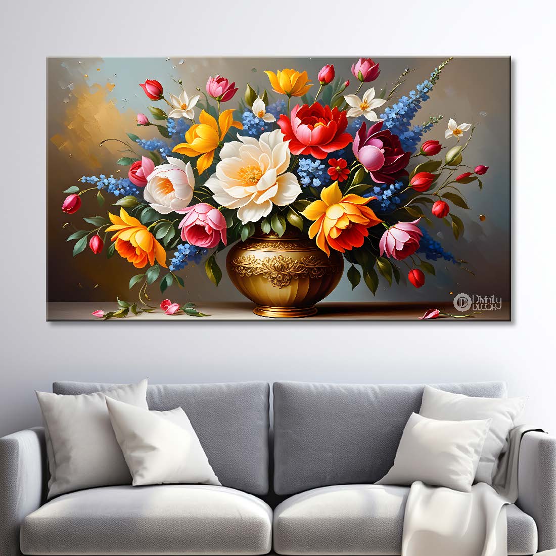 Colorful flowers in grey background canvas painting- Flower-442