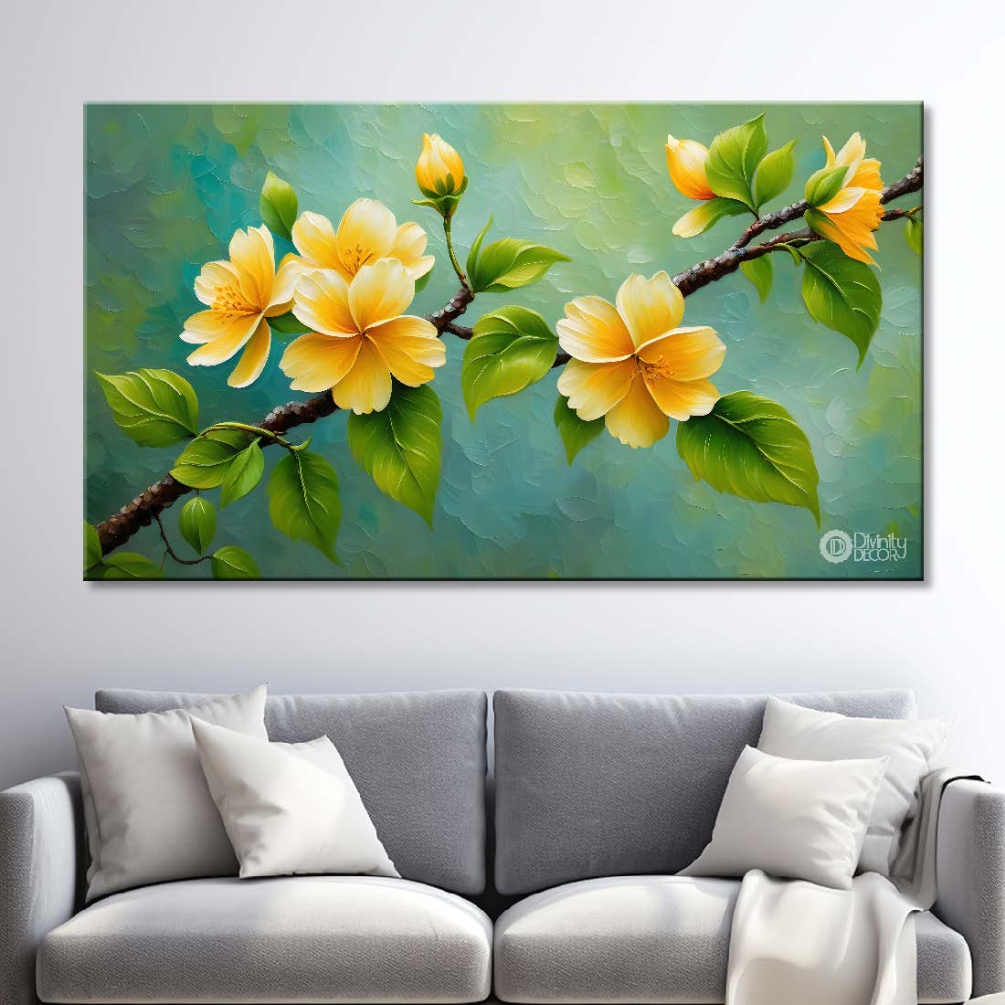 Yellow flowers in green background canvas painting- Flower-443