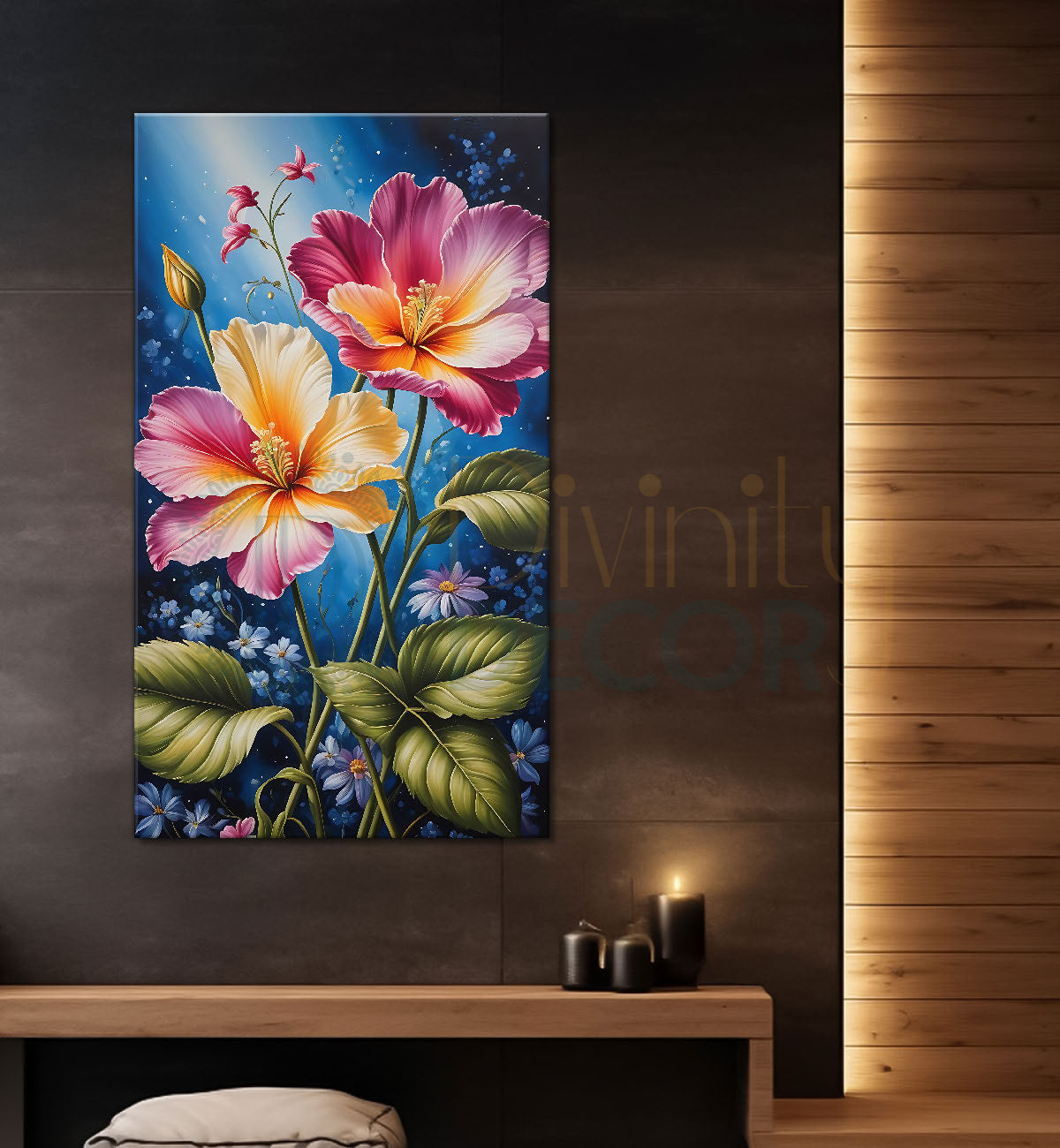 Pink flowers in blue textured painting - Flower-V-443