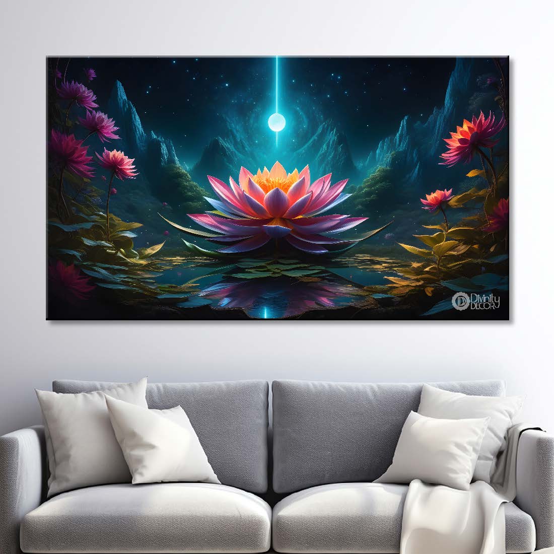 Pink flowers with blue and background canvas painting- Flower-444