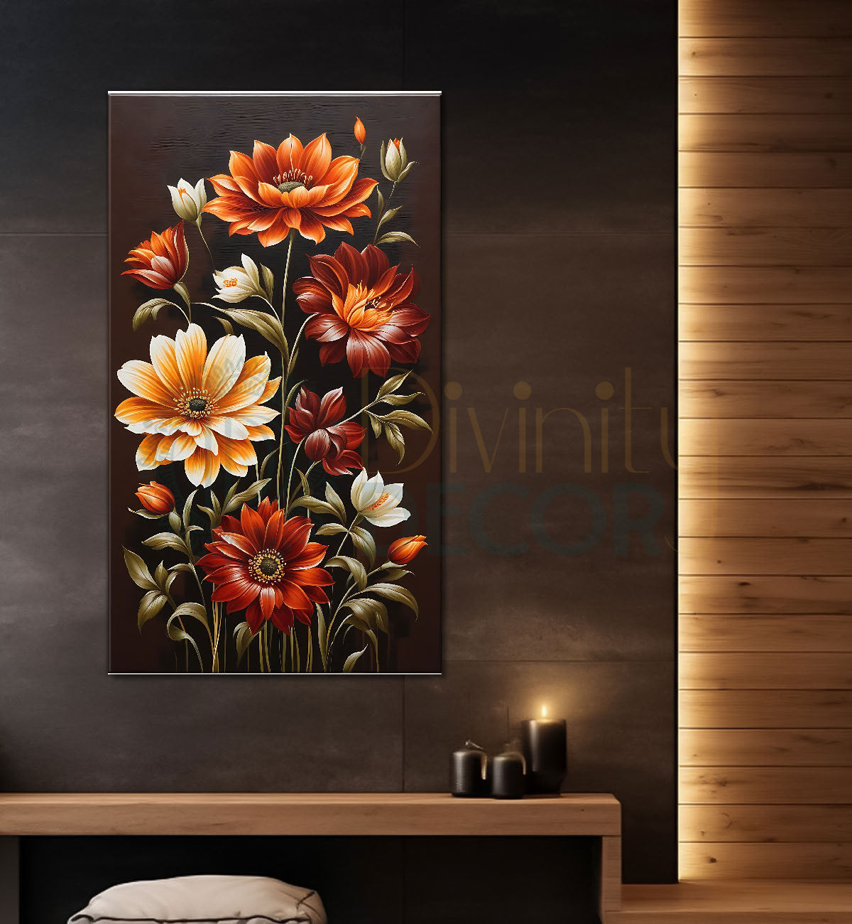 Orange and white flowers in brown textured painting- Flower-V-444
