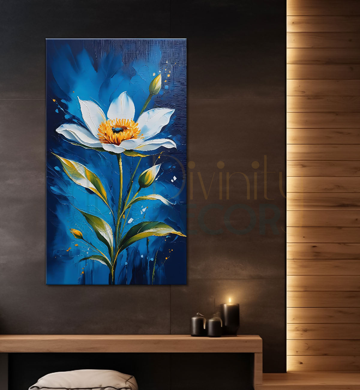 White flower in blue textured painting- Flower-V-445