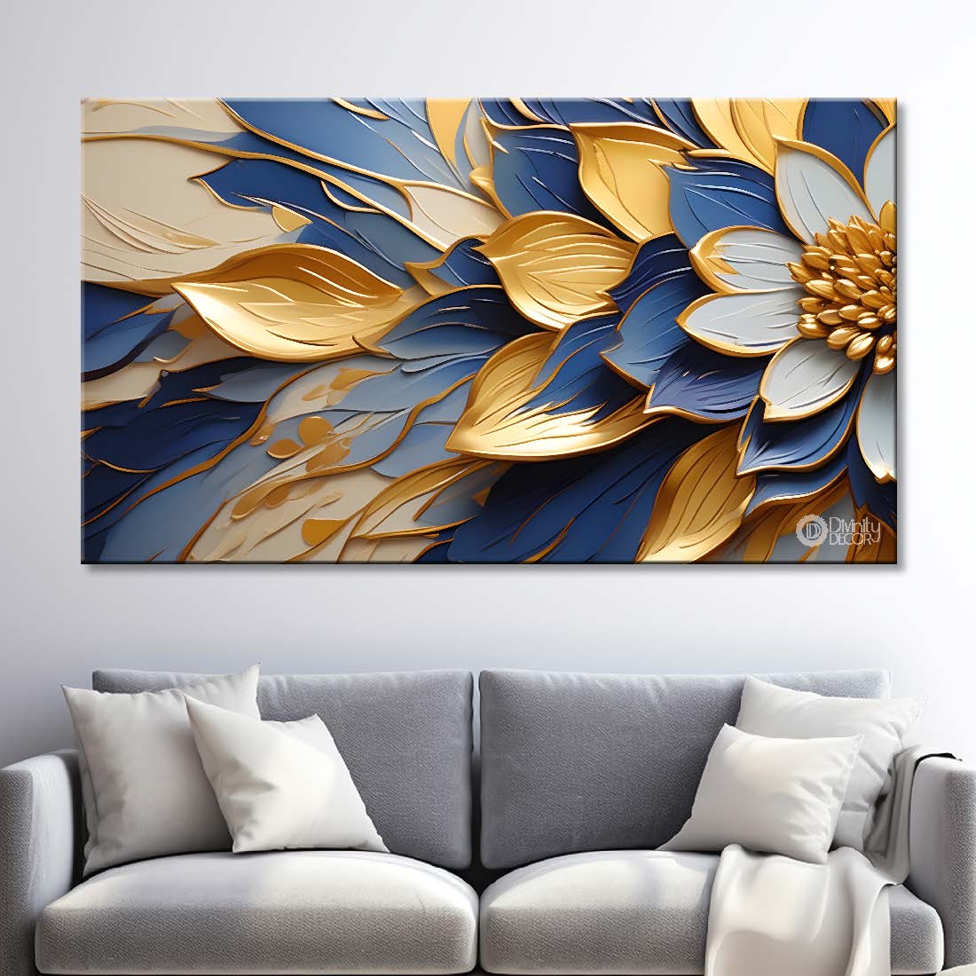 Golden and blue textured flower canvas painting- Flower-446