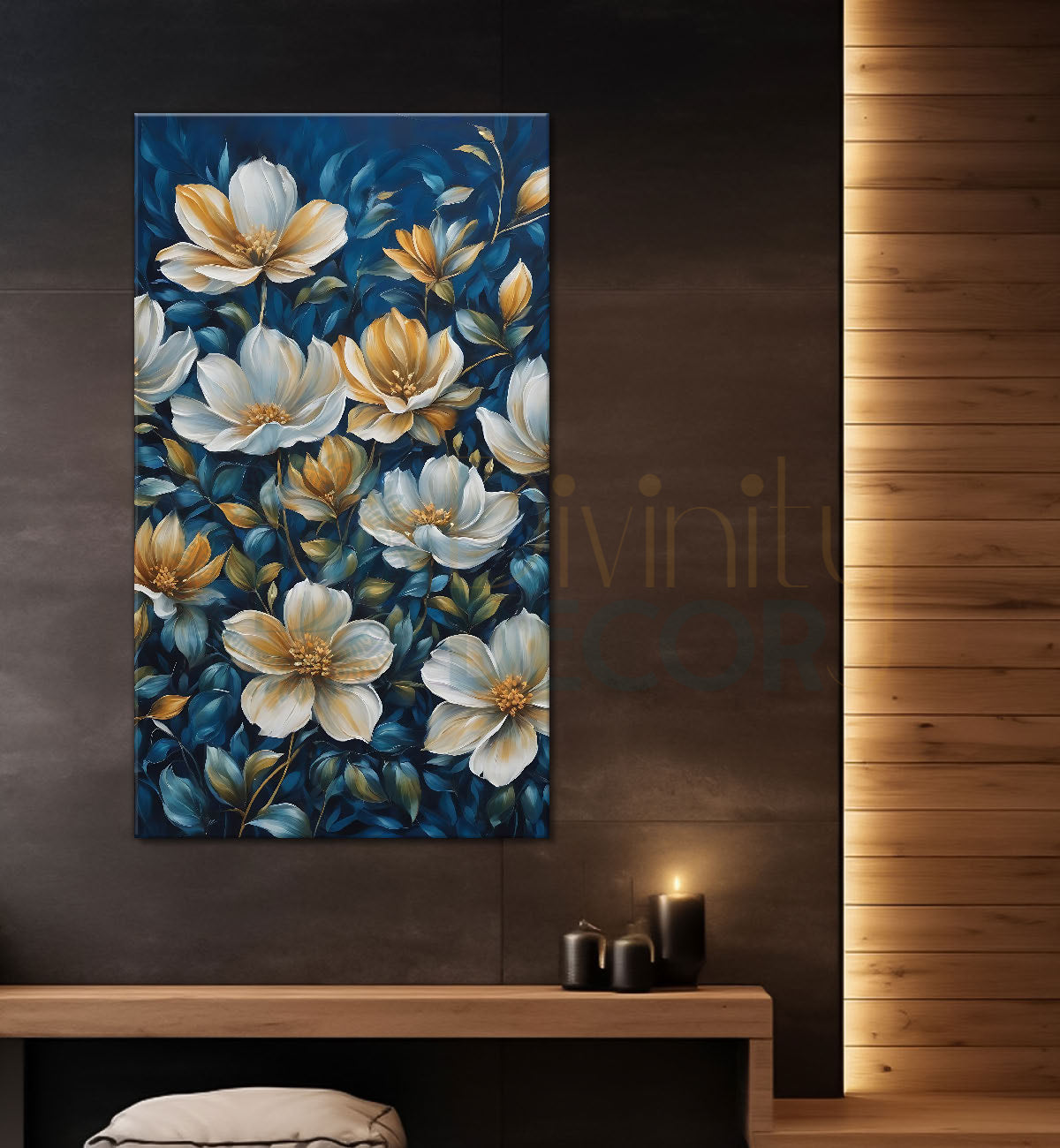 White flowers in blue textured painting- Flower-V-446