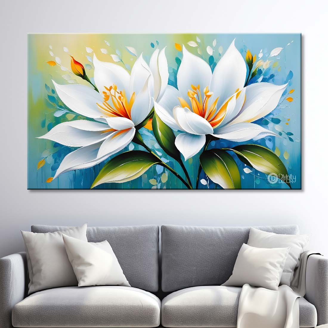 White flowers in blue background canvas painting- Flower-447