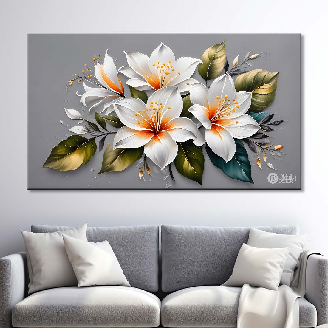 White flowers in grey background canvas painting- Flower-448