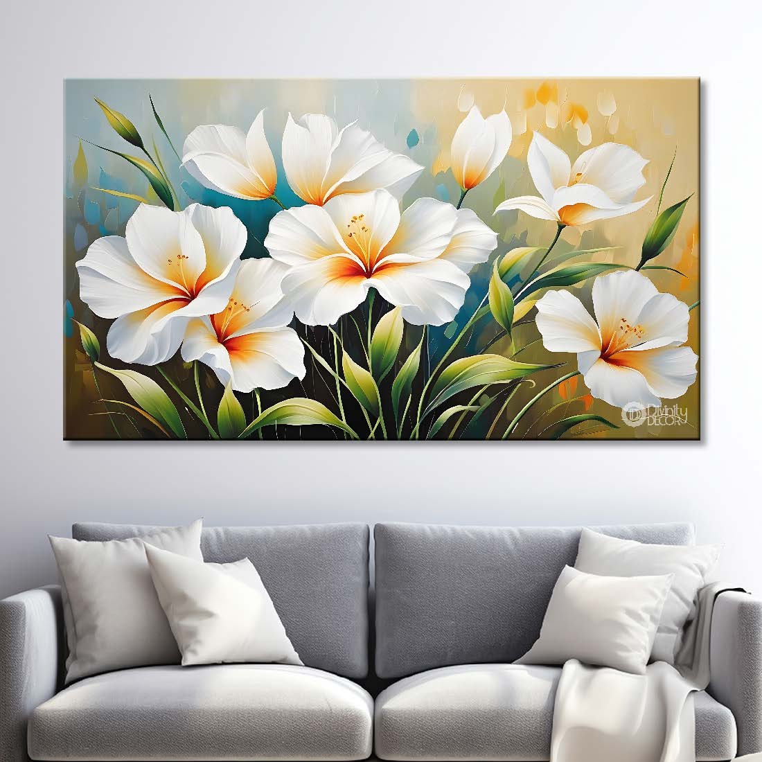 White flowers in blue background canvas painting- Flower-449