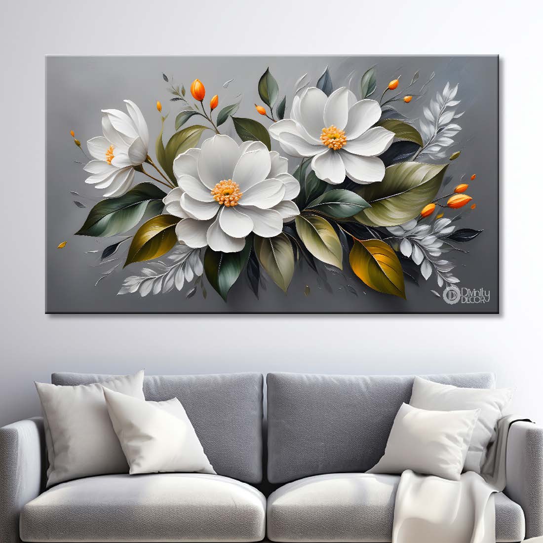 White flowers in grey background canvas painting- Flower-450