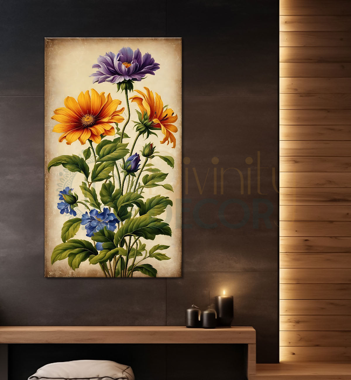 Yellow and purple flowers in light background painting - Flower-V-451