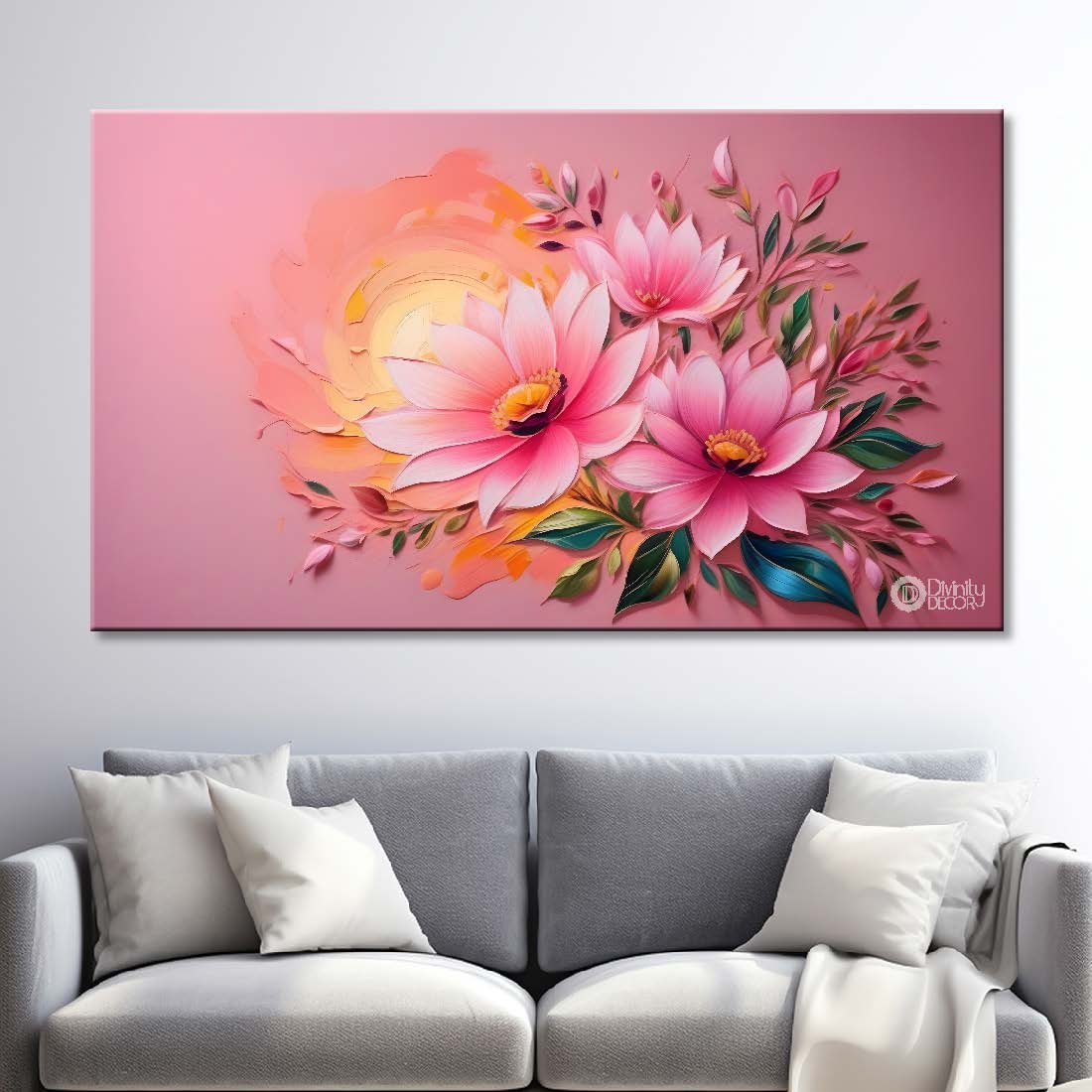 Pink flowers with sun and pink background canvas painting- Flower-452