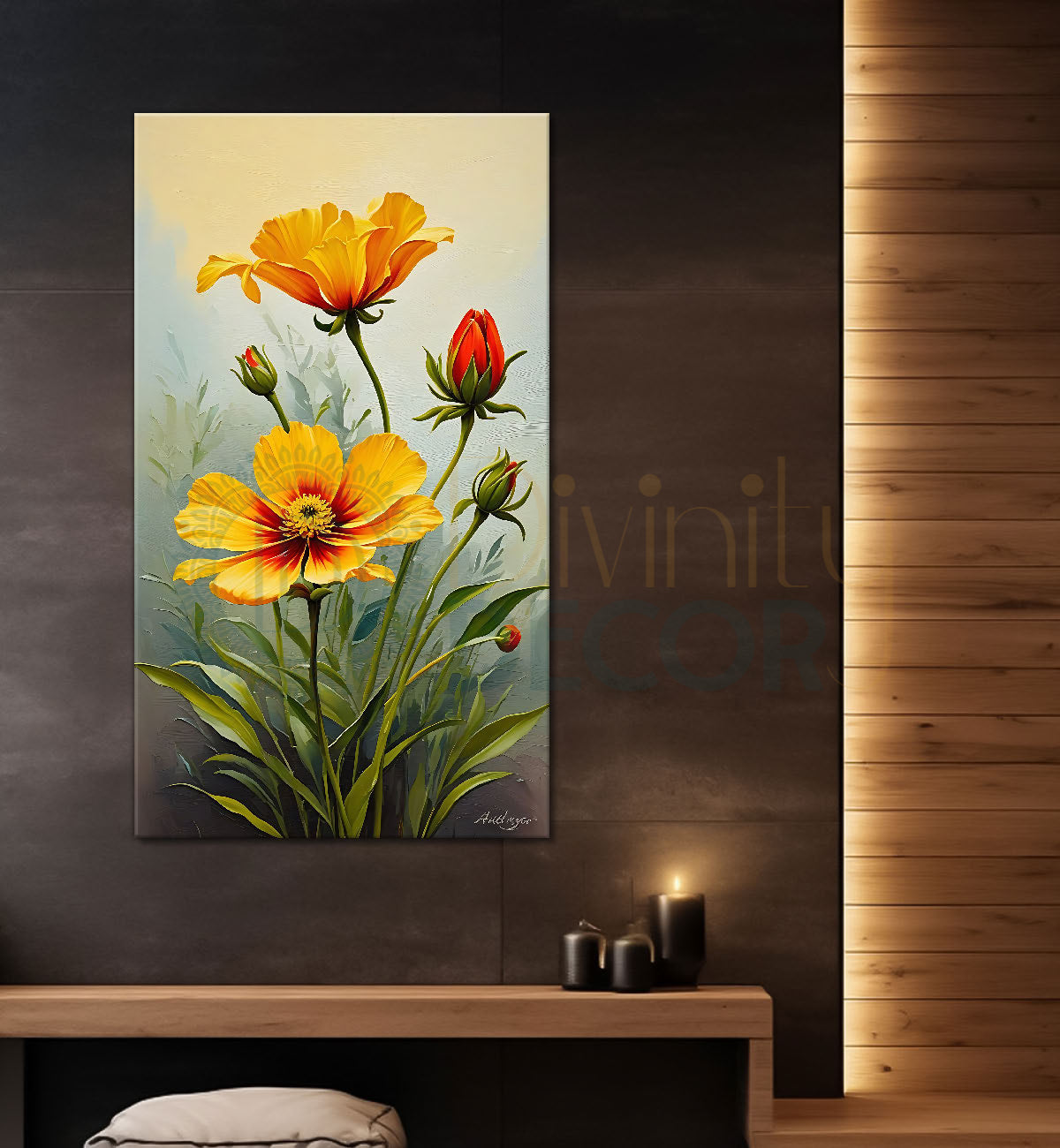 Yellow flowers in grey textured background painting - Flower-V-452