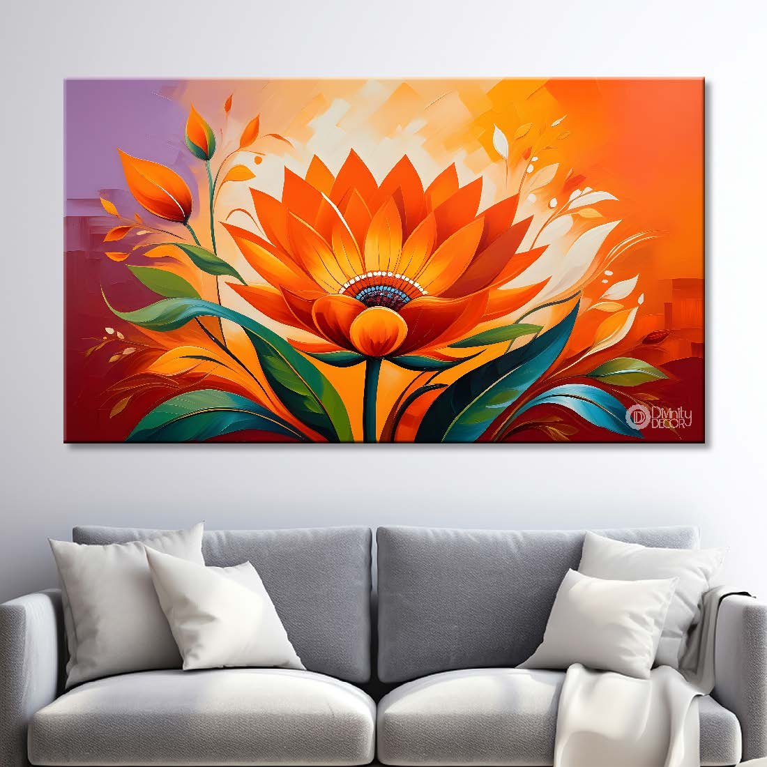 Orange flowers in orange background canvas painting- Flower-453
