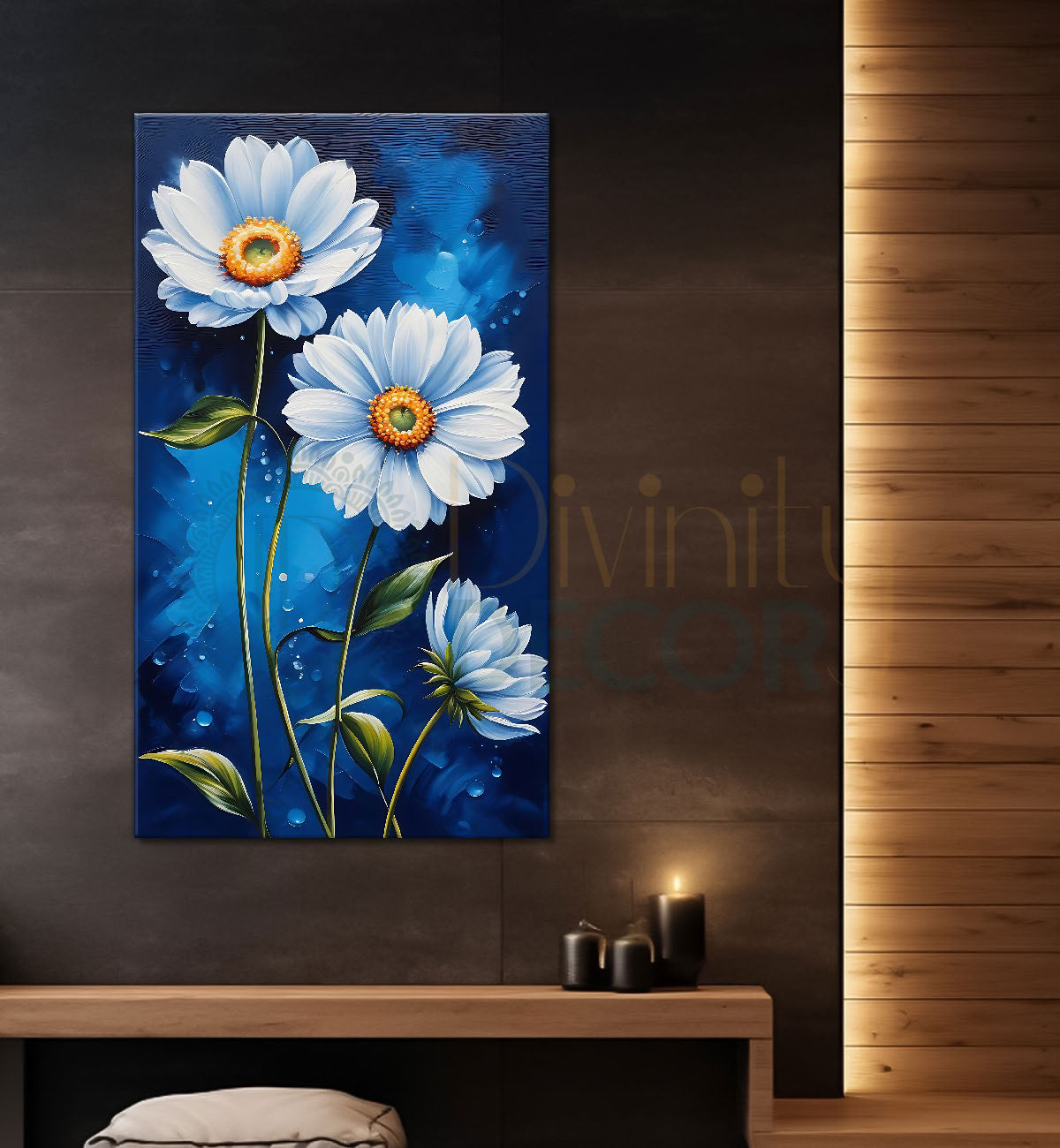 White flowers in navy blue background painting- Flower-V-453