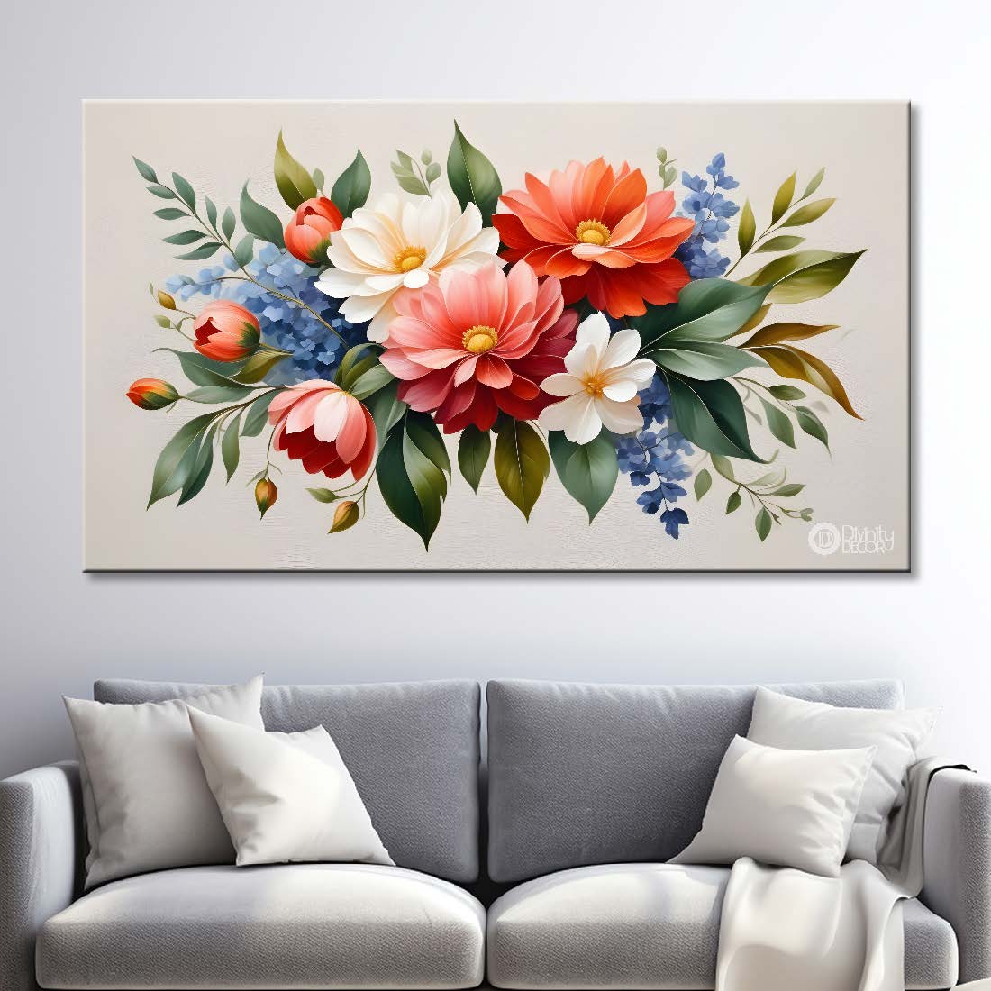Colorful flowers in grey background canvas painting- Flower-454