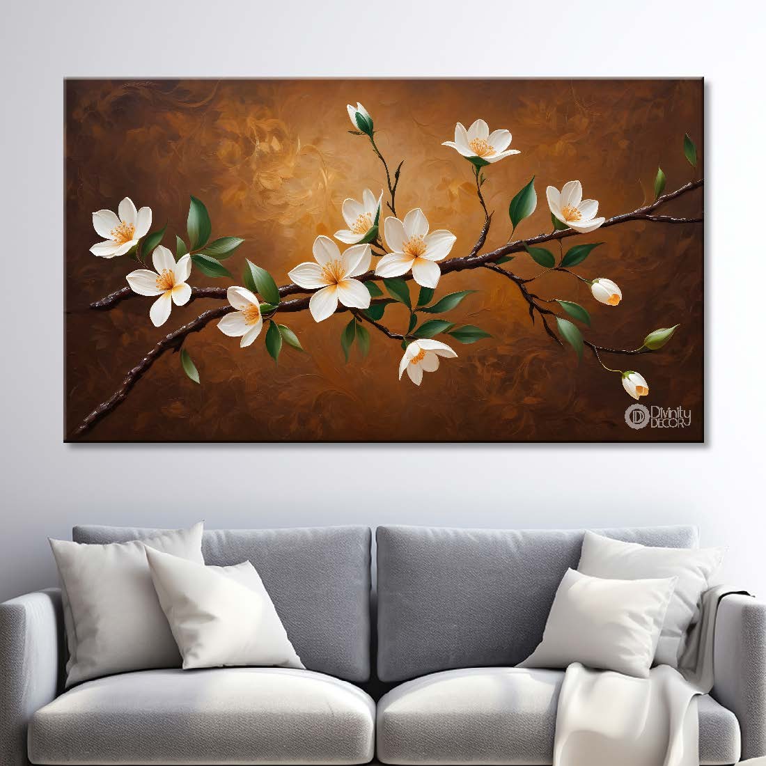 White flowers in brown background canvas painting- Flower-455