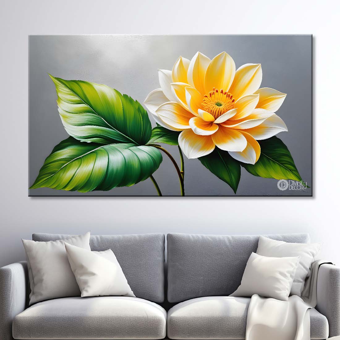 Yellow flowers in grey background canvas painting- Flower-456