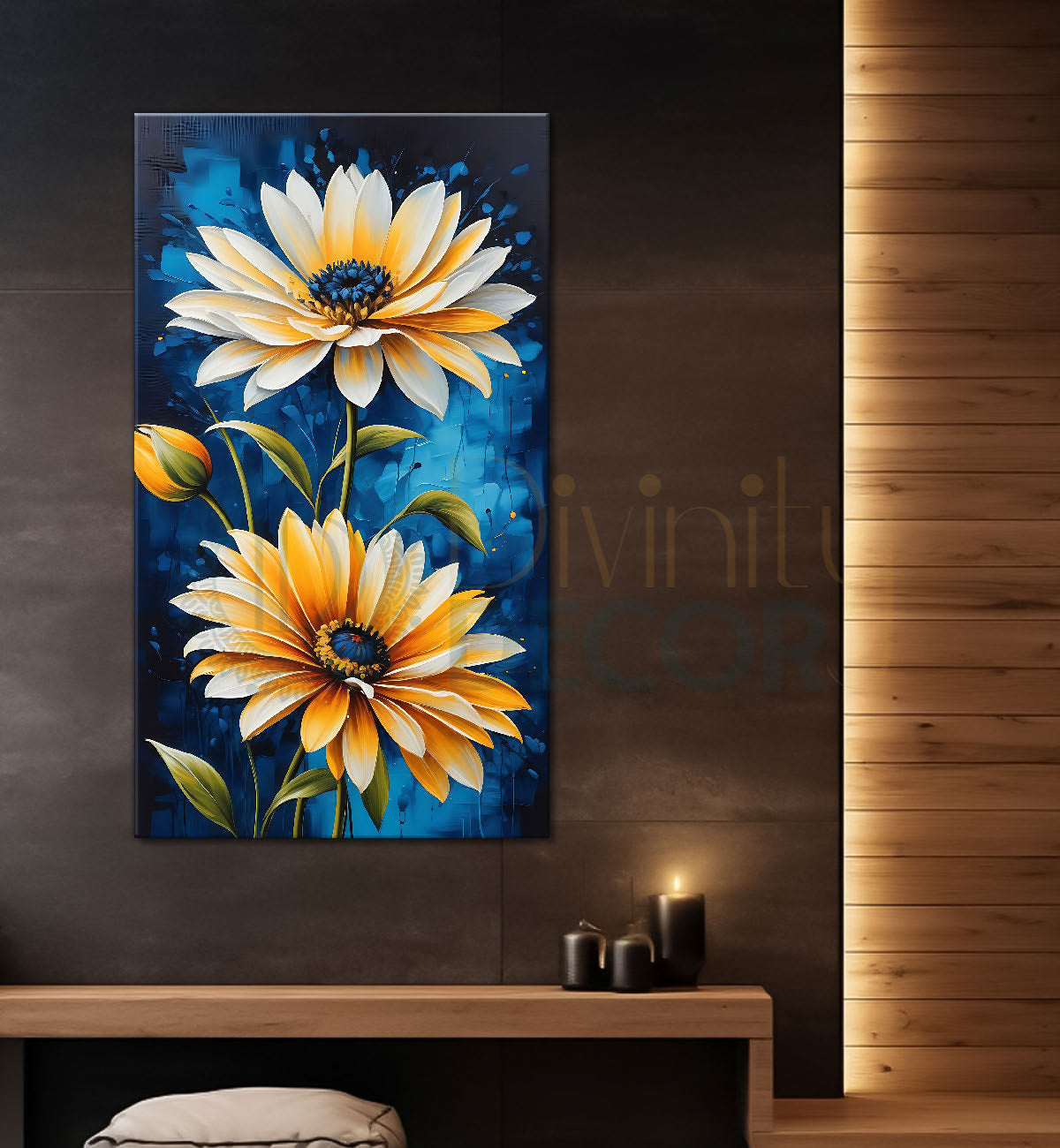 Yellow flowers in blue background painting- Flower-V-456