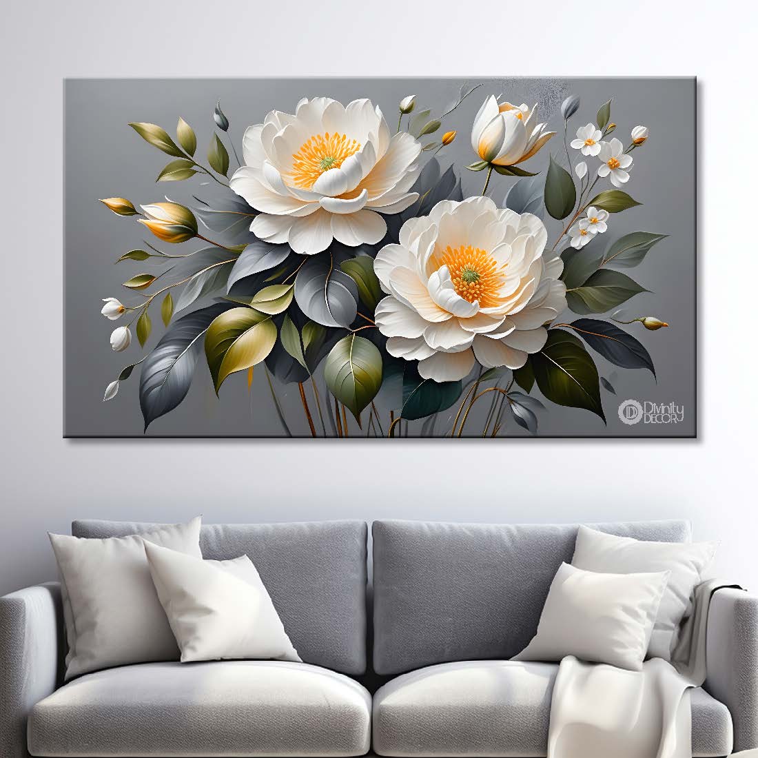 White flowers in grey background canvas painting- Flower-457