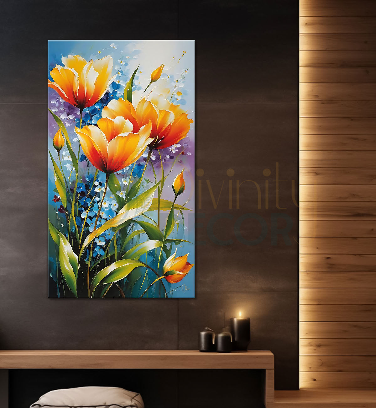 Orange flowers in sky blue textured painting - Flower-V-457