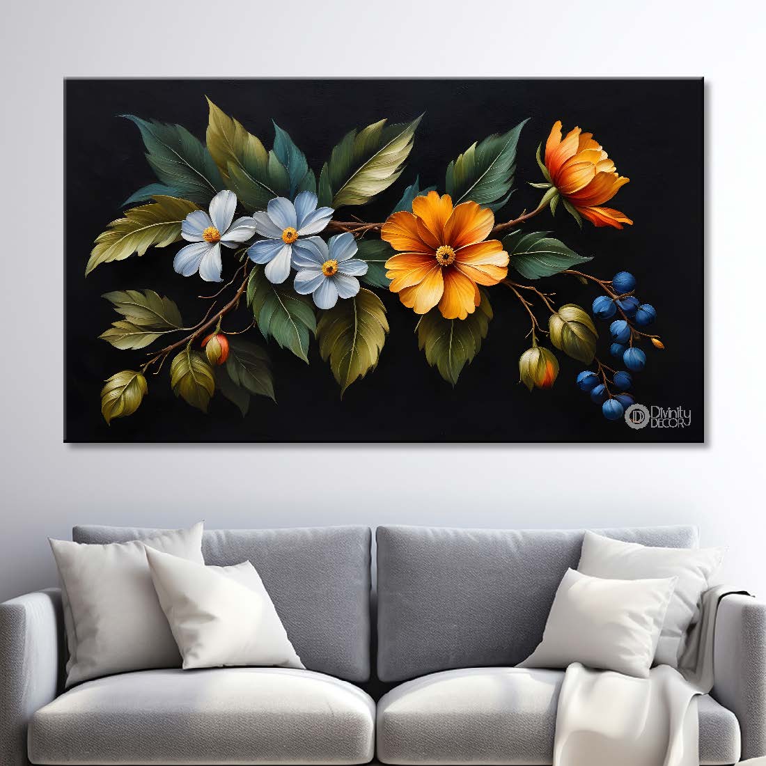 Orange flowers in black background canvas painting- Flower-458