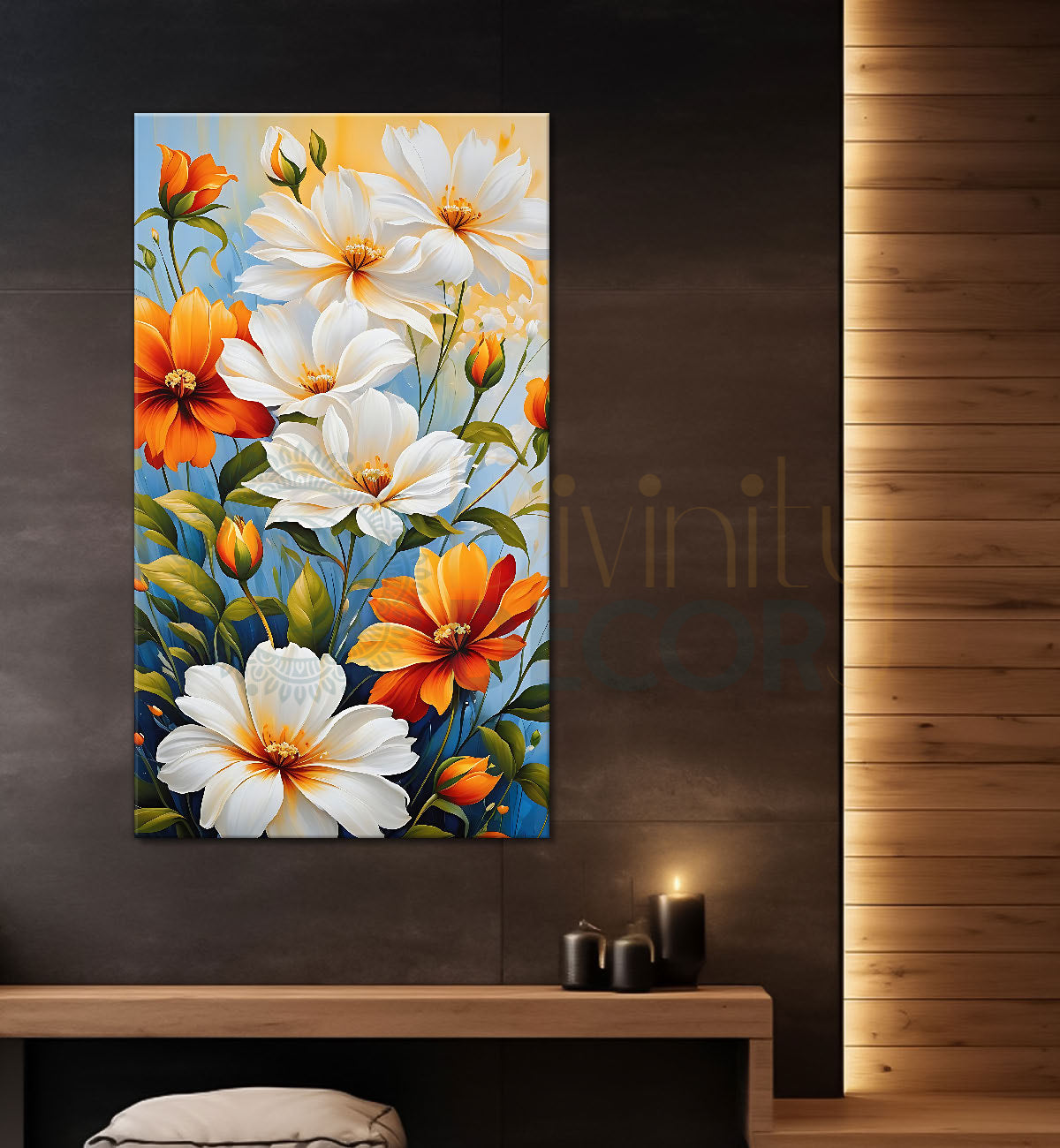 Orange and white flowers textured painting - Flower-V-458