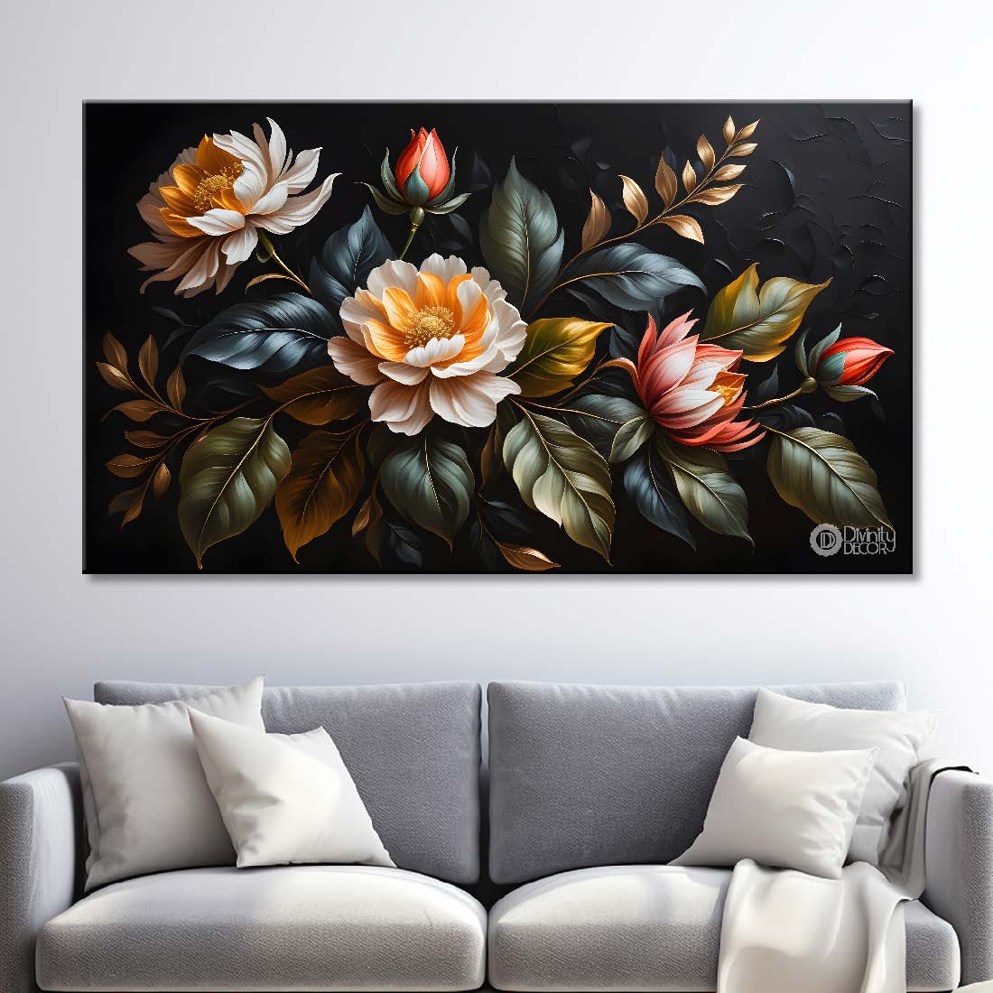 Pink flowers in black background canvas painting- Flower-459