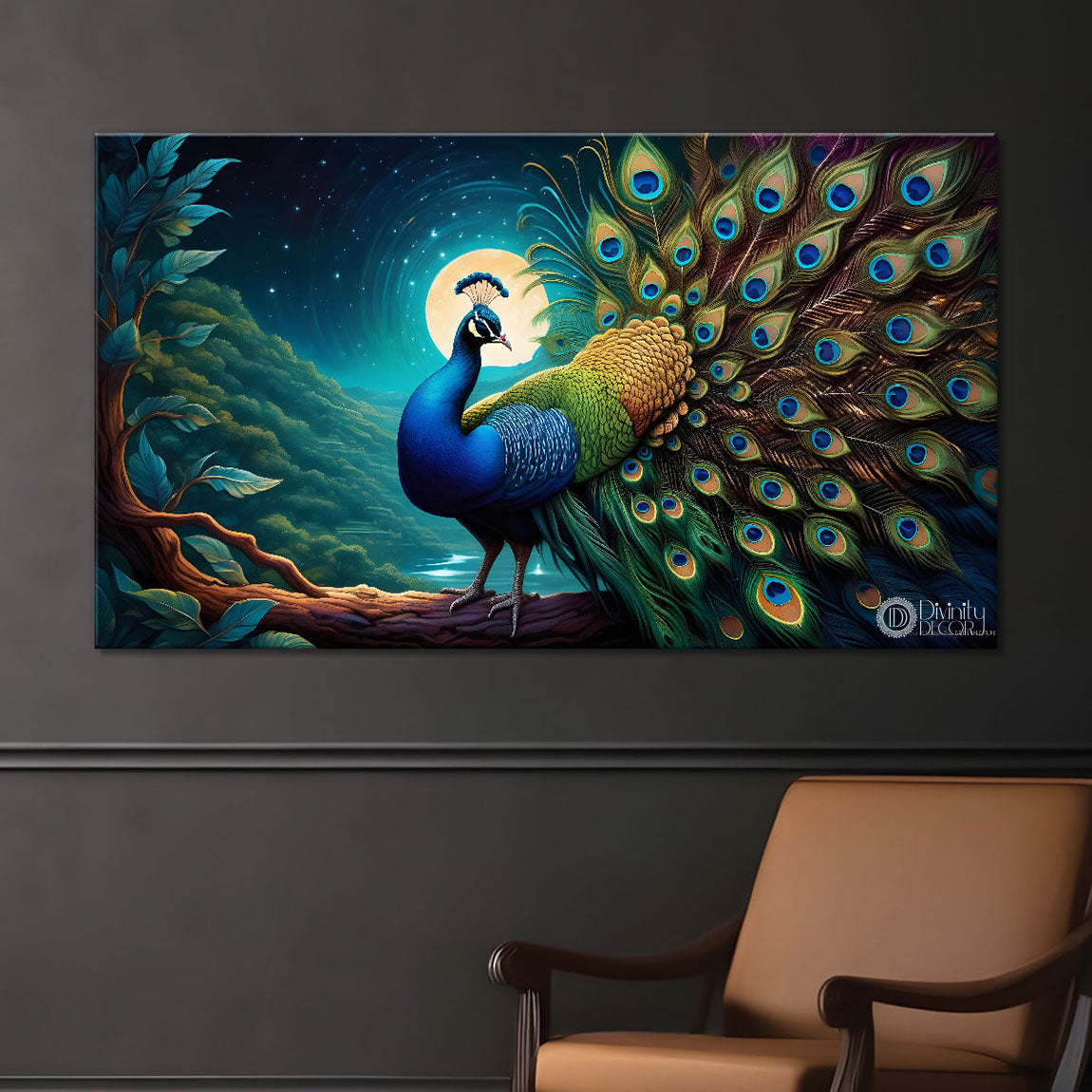 Peacock in bright green colors oil painting Canvas Painting - Design - Peacock-46