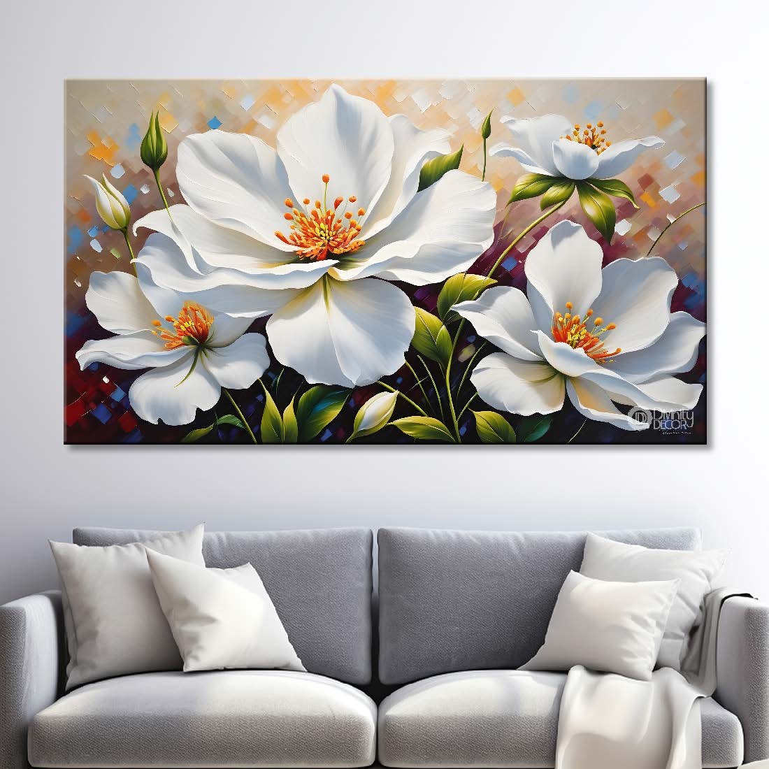 White flowers in light background canvas painting- Flower-460