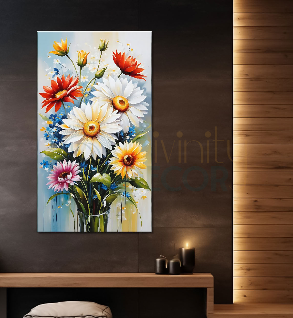 Colourful lowers in sky blue textured background painting- Flower-V-460