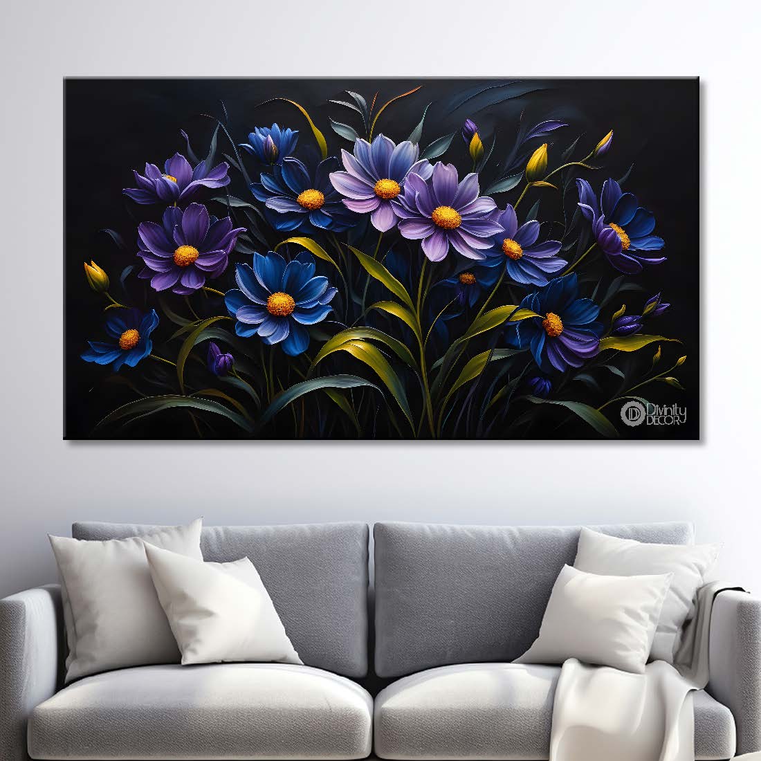Navy blue flowers in black background canvas painting- Flower-461