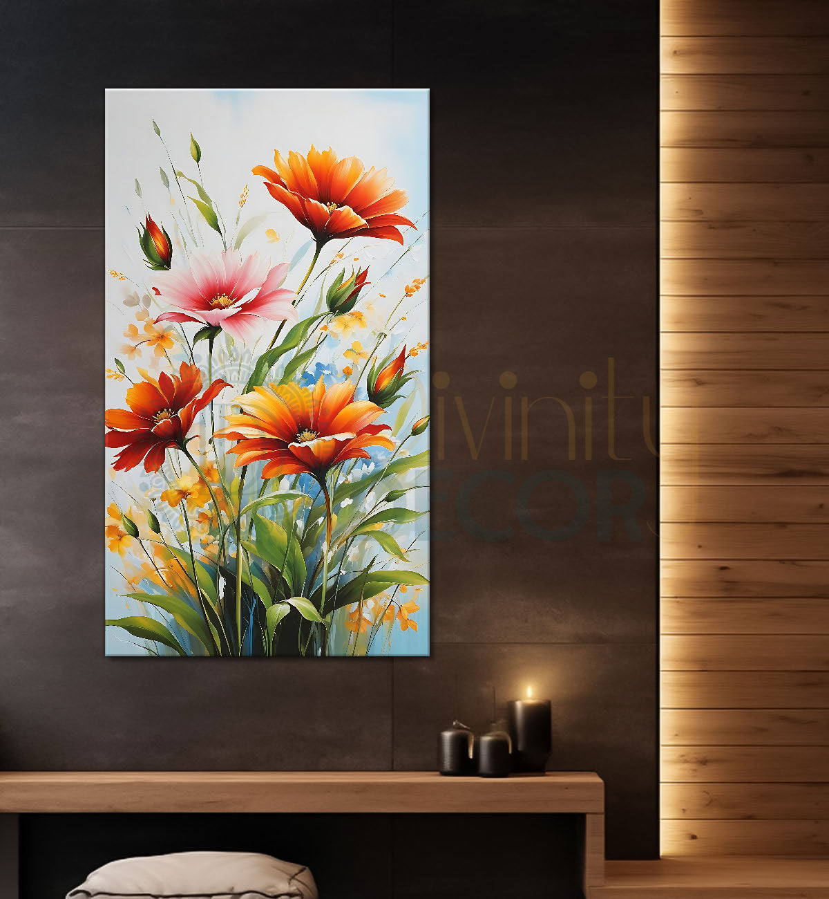 Orange flowers in grey textured background painting - Flower-V-461