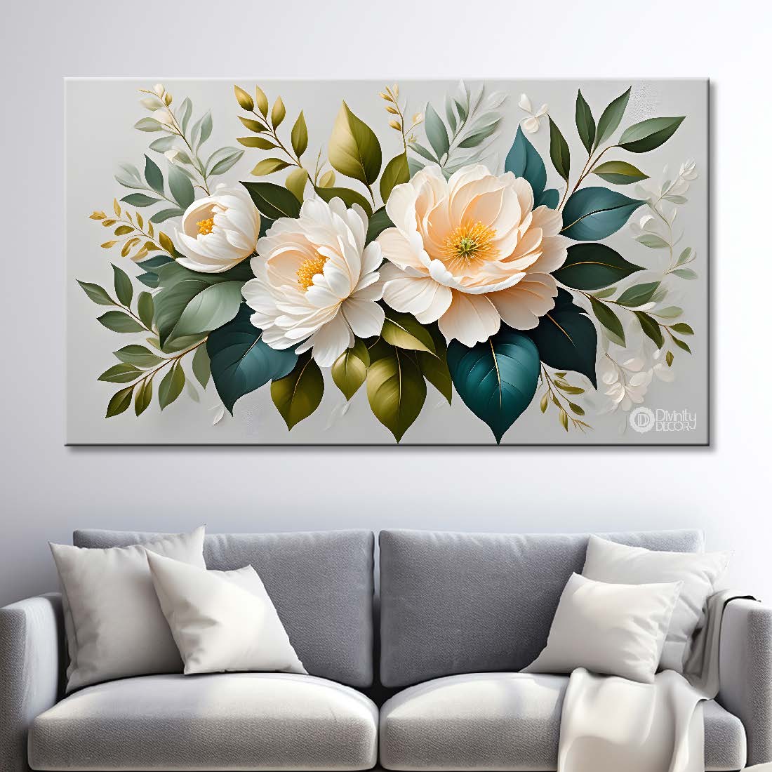 White flowers in grey background canvas painting- Flower-462
