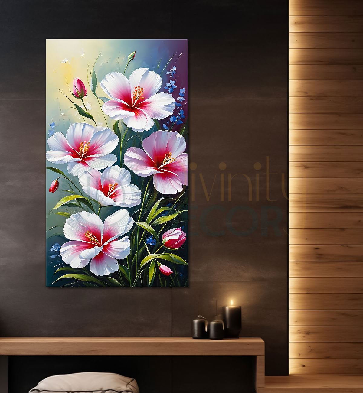 Pink flowers in blue textured painting - Flower-V-462