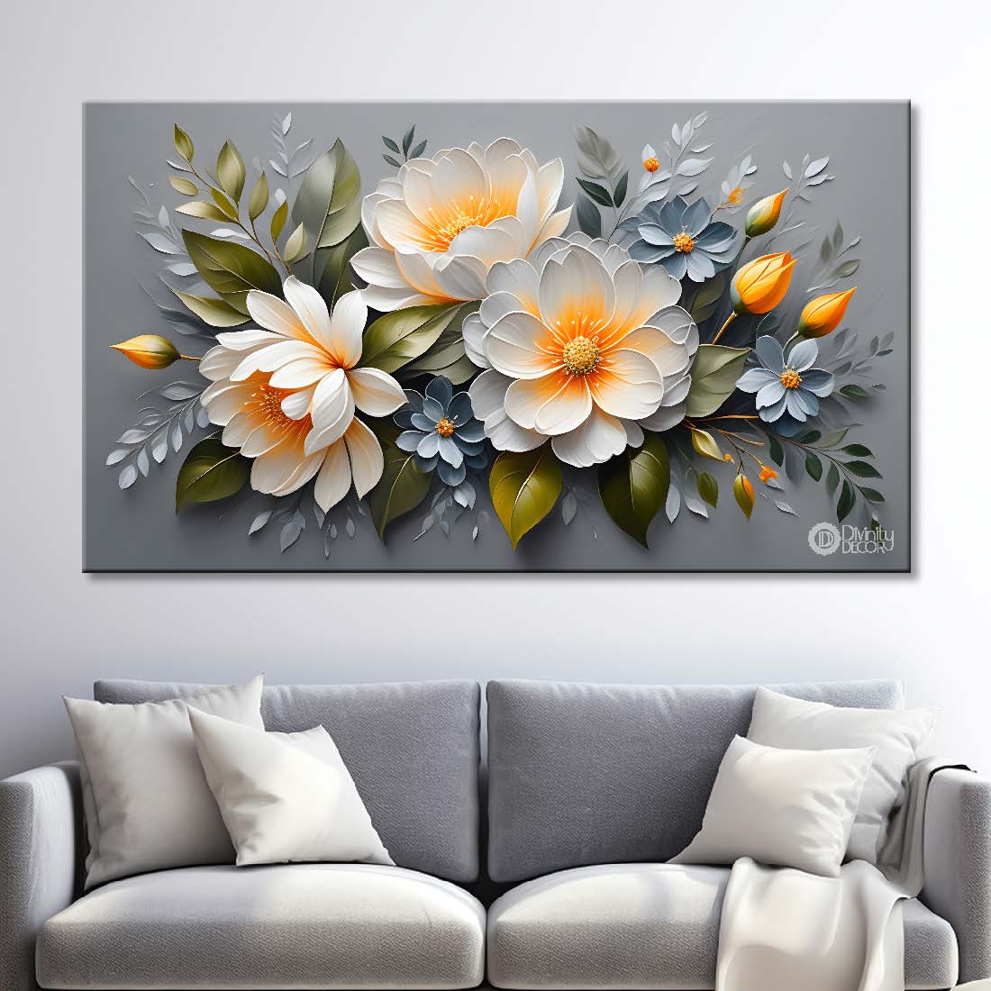 White flowers in grey background canvas painting- Flower-463