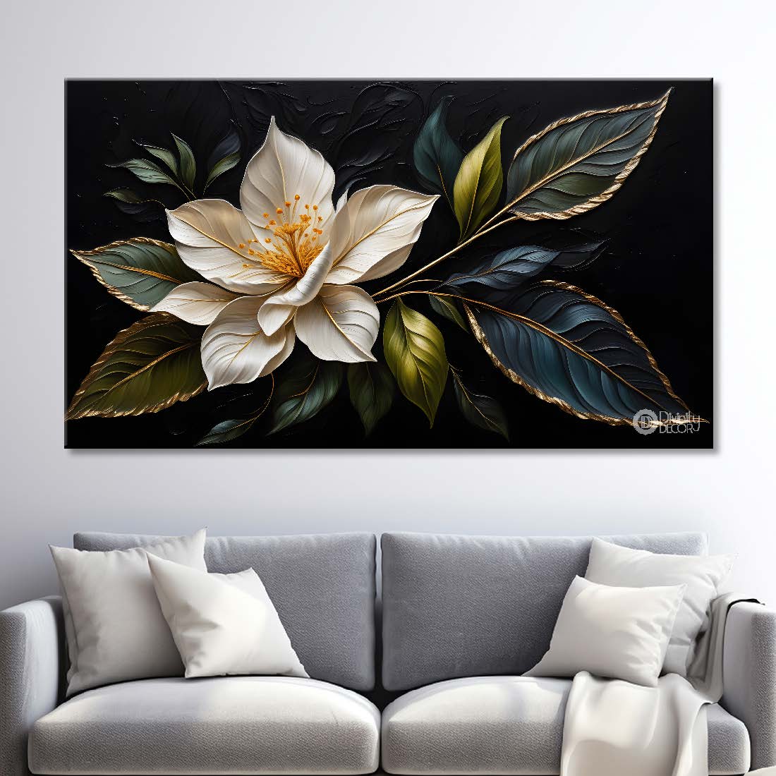 White flowers in black background canvas painting- Flower-464