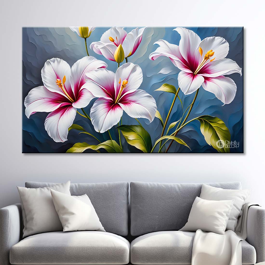 White flowers in blue background canvas painting- Flower-466