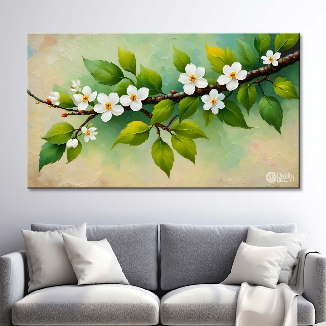 White flowers in green background canvas painting- Flower-467